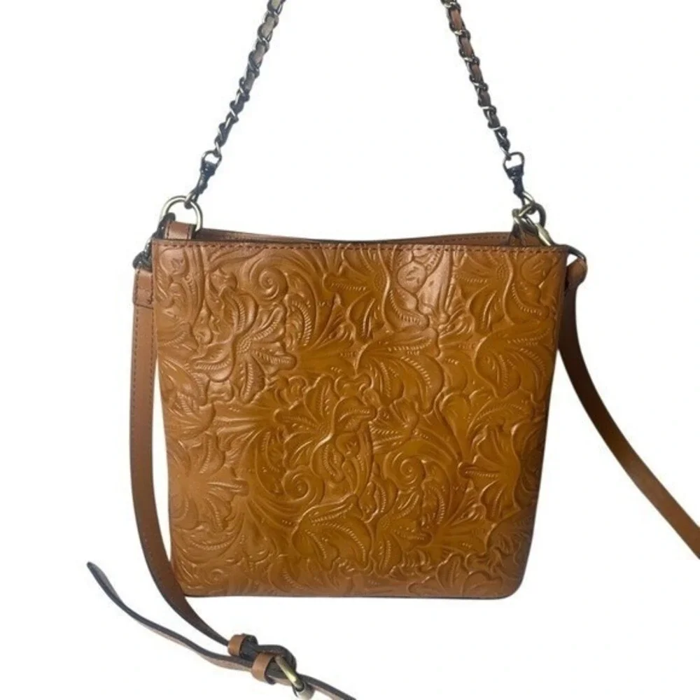 Patricia Nash Tan Tooled Leather Floral Crossbody Bag with Chain Handle
